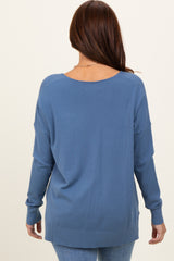 Blue Front Seam V-Neck Side Slit Sweater