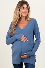 Blue Front Seam V-Neck Side Slit Maternity Sweater