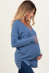 Blue Front Seam V-Neck Side Slit Maternity Sweater