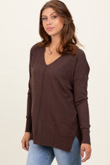 Brown Front Seam V-Neck Side Slit Sweater