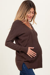 Brown Front Seam V-Neck Side Slit Maternity Sweater