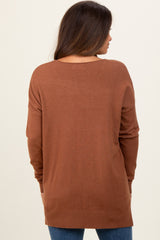 Camel Front Seam V-Neck Side Slit Maternity Sweater