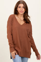 Camel Front Seam V-Neck Side Slit Sweater