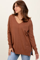 Camel Front Seam V-Neck Side Slit Maternity Sweater