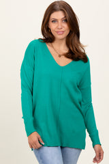 Green Front Seam V-Neck Side Slit Sweater