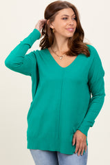 Green Front Seam V-Neck Side Slit Sweater