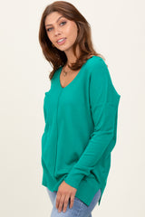 Green Front Seam V-Neck Side Slit Sweater