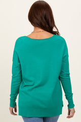 Green Front Seam V-Neck Side Slit Sweater