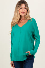 Green Front Seam V-Neck Side Slit Maternity Sweater