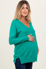 Green Front Seam V-Neck Side Slit Maternity Sweater