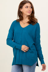 Teal Front Seam V-Neck Side Slit Sweater