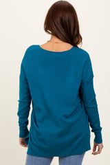 Teal Front Seam V-Neck Side Slit Sweater