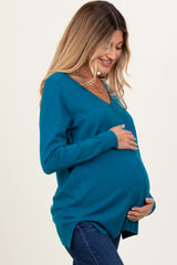 Teal Front Seam V-Neck Side Slit Maternity Sweater