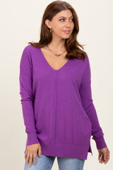 Violet Front Seam V-Neck Side Slit Sweater