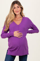 Violet Front Seam V-Neck Side Slit Maternity Sweater