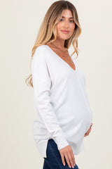 Ivory Front Seam V-Neck Side Slit Maternity Sweater