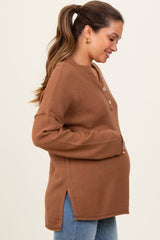 Camel Diamond Knit Button Detail Maternity Sweater