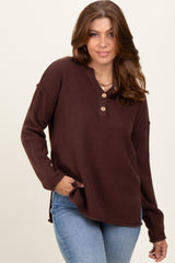 Brown Diamond Knit Button Detail Maternity Sweater