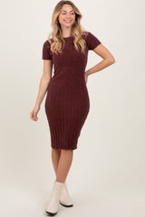 Brown Chenille Knit Short Sleeve Sweater Dress