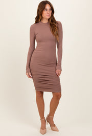 Mocha Ribbed Mock Neck Ruched Long Sleeve Dress