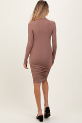 Mocha Ribbed Mock Neck Ruched Long Sleeve Maternity Dress