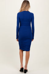 Royal Blue Ribbed Mock Neck Ruched Long Sleeve Maternity Dress