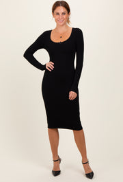 Black Bow Trim Neckline Long Sleeve Midi Dress