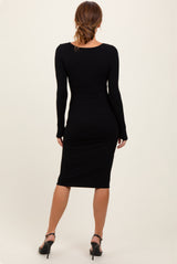 Black Bow Trim Neckline Long Sleeve Midi Dress