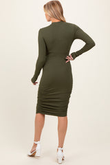 Olive Ribbed Mock Neck Ruched Long Sleeve Maternity Dress