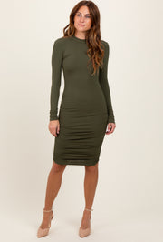 Olive Ribbed Mock Neck Ruched Long Sleeve Dress