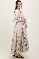 Cream Floral Square Neck Maternity Midi Dress