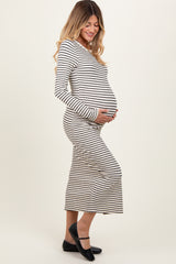 Cream Knit Striped Side Slit Maternity Midi Dress