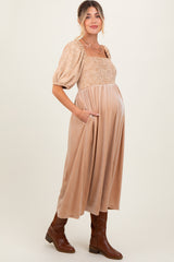 Tan Velvet Contrast Square Neck Maternity Midi Dress