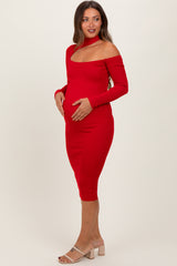 Red Mock Neck Cutout Maternity Fitted Midi Dress