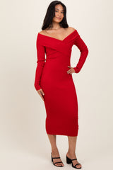 Red Ribbed Crossover Off Shoulder Midi Dress