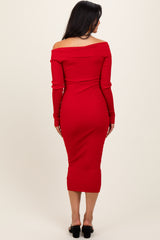 Red Ribbed Crossover Off Shoulder Midi Dress