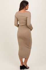 Beige Ribbed Crossover Off Shoulder Maternity Midi Dress