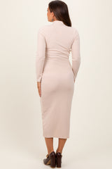 Cream Basic Mock Long Sleeve Maternity Maxi Dress