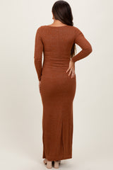 Mocha Basic Square Neck Long Sleeve Maternity Maxi Dress