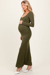 Olive Basic Square Neck Long Sleeve Maternity Maxi Dress