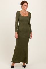 Olive Basic Square Neck Long Sleeve Maxi Dress