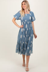 Blue Floral Print Ruffle Hem Midi Dress