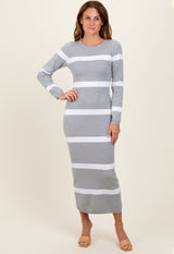 Heather Grey Striped Knit Long Sleeve Midi Sweater Dress