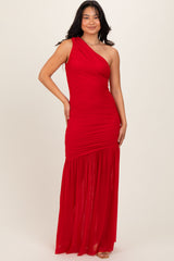 Red Ruched Mesh One Shoulder Maternity Maxi Dress