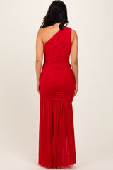 Red Ruched Mesh One Shoulder Maxi Dress