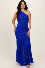 Royal Blue Ruched Mesh One Shoulder Maxi Dress