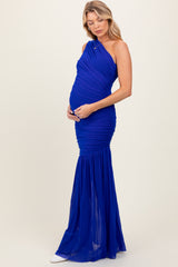 Royal Blue Ruched Mesh One Shoulder Maternity Maxi Dress