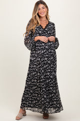 Black Floral Chiffon Lace Trim Back Tie Maternity Maxi Dress