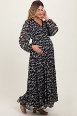 Black Floral Chiffon Lace Trim Back Tie Maternity Maxi Dress