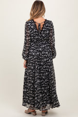 Black Floral Chiffon Lace Trim Back Tie Maternity Maxi Dress